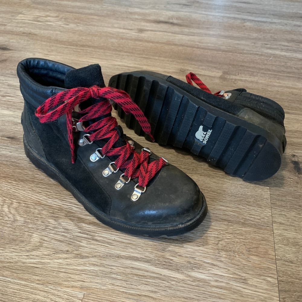 Sorel Ainsley Conquest Waterproof Leather Suede Hiking Boots Black Red - 9 Women
